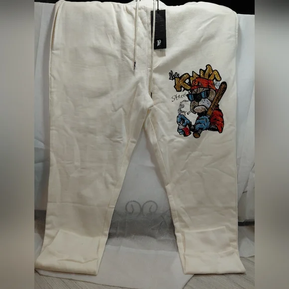 NWT Street Style Rhinestone Soft Cream Sweat Pants By Left Point Italy SIZE LG